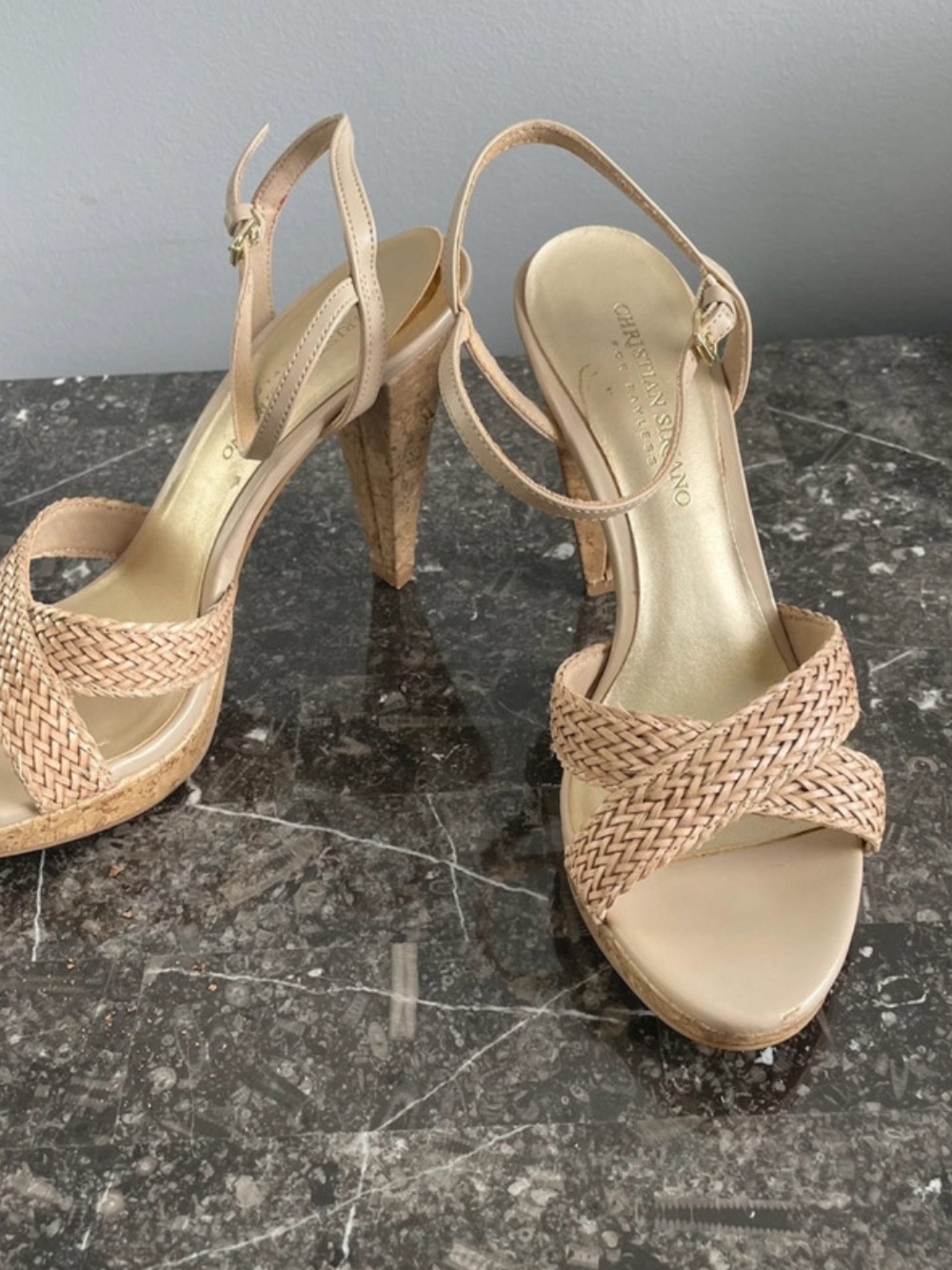 Christian Siriano Nude Woven Cork Platform Slingbacks